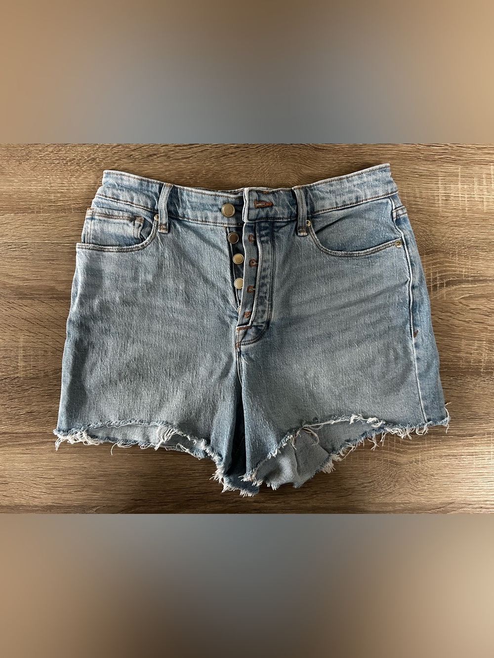Good American Light Blue Button-Fly Frayed Denim Shorts